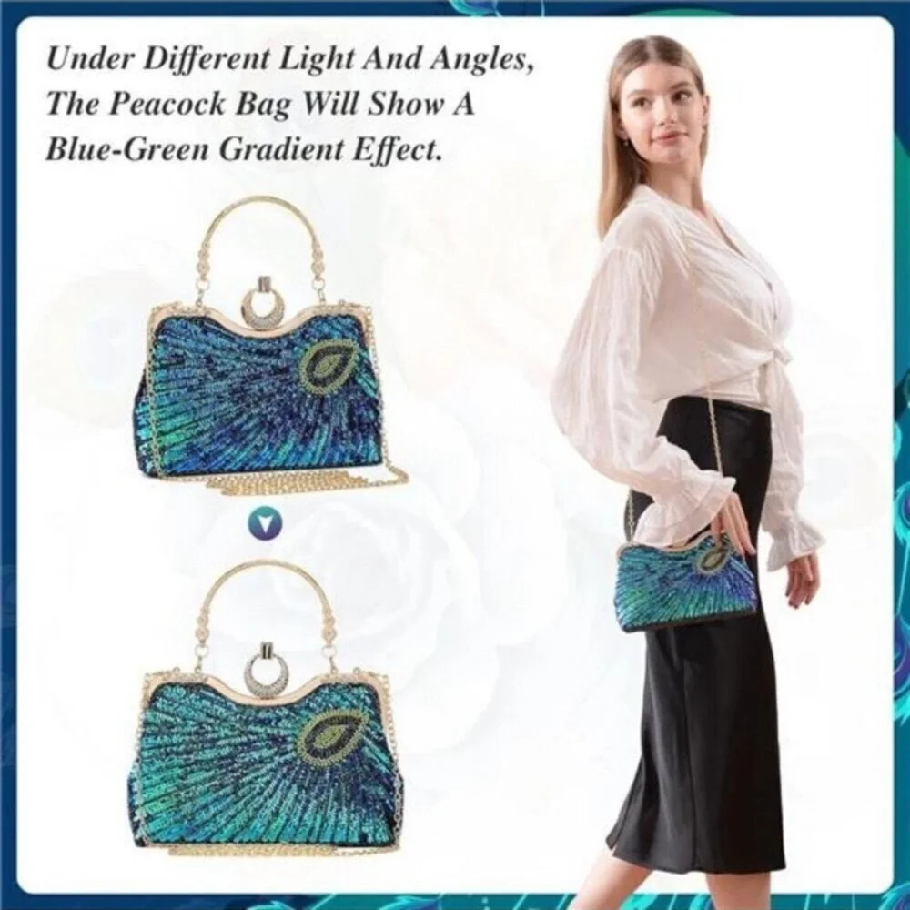 Beaded Bag Sequin Peacock Evening Clutch Purse for Women Formal Evening Blue